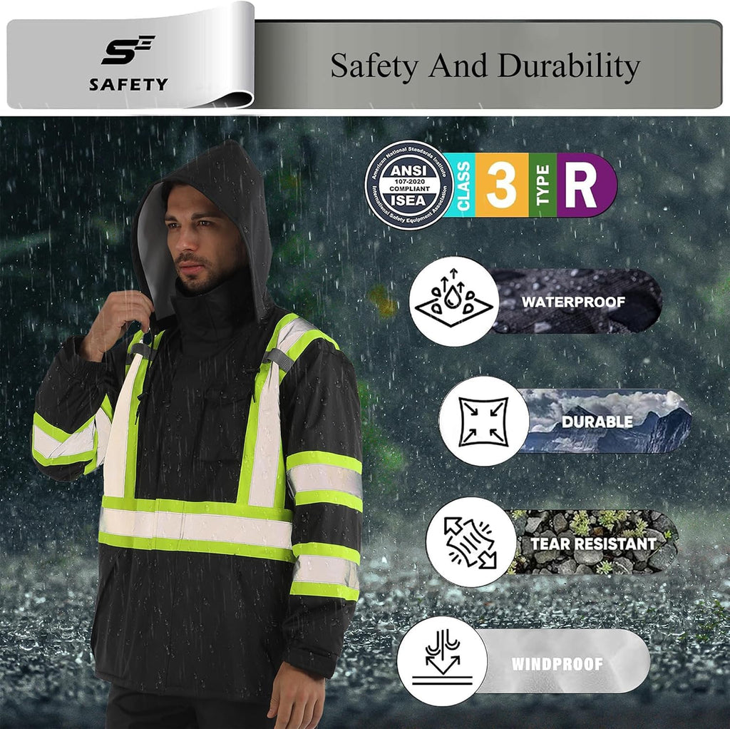 sesafety Hi Vis Rain Jacket, Rain Suits for Men Waterproof withBlack Bottom