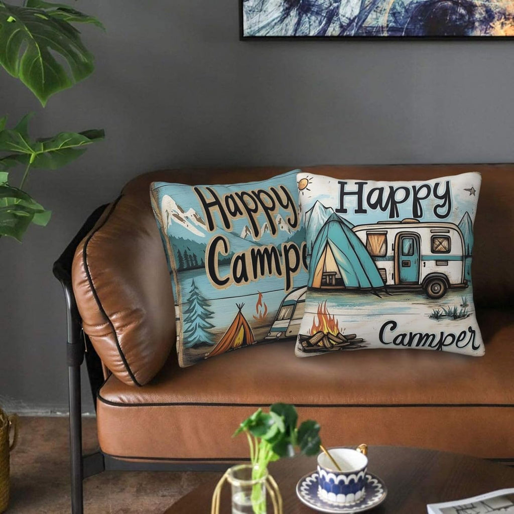 Happy Camping Throw Pillow Covers 18x18 inch Set of 2 Pillow Case Cushion Cover for Home Sofa Couch Living Room Car Decor