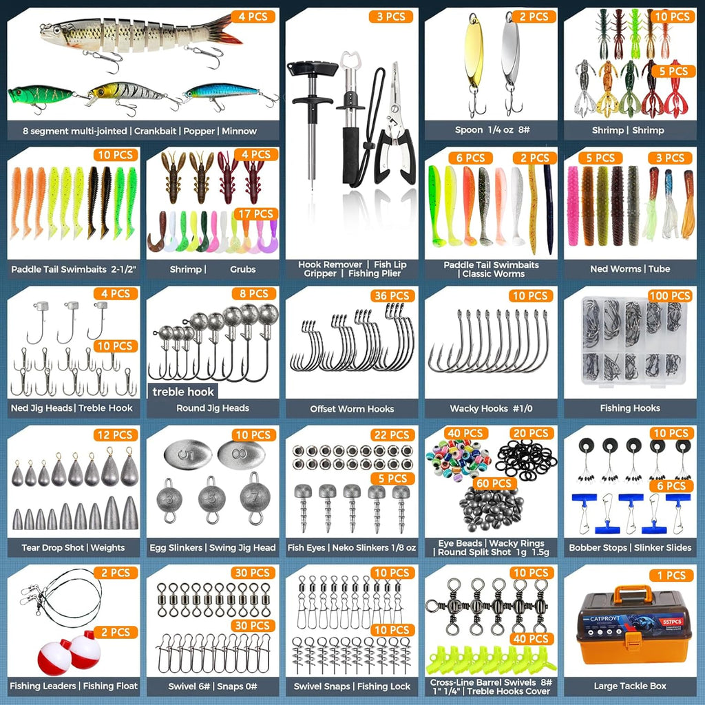 Waterproof 4-Tray Tackle Box with Tackle 557 Pcs Fishing Gear Kit