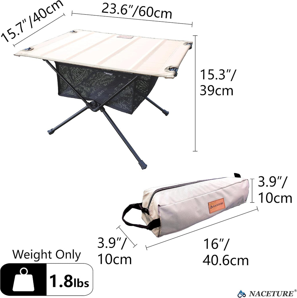 NACETURE Camping Table with Folding Legs and Mesh Storage Basket for Food, Coffee, or Camp Grill Accessories, Lightweight and Portable for Outdoor, Backpacking, Hiking, and Travel