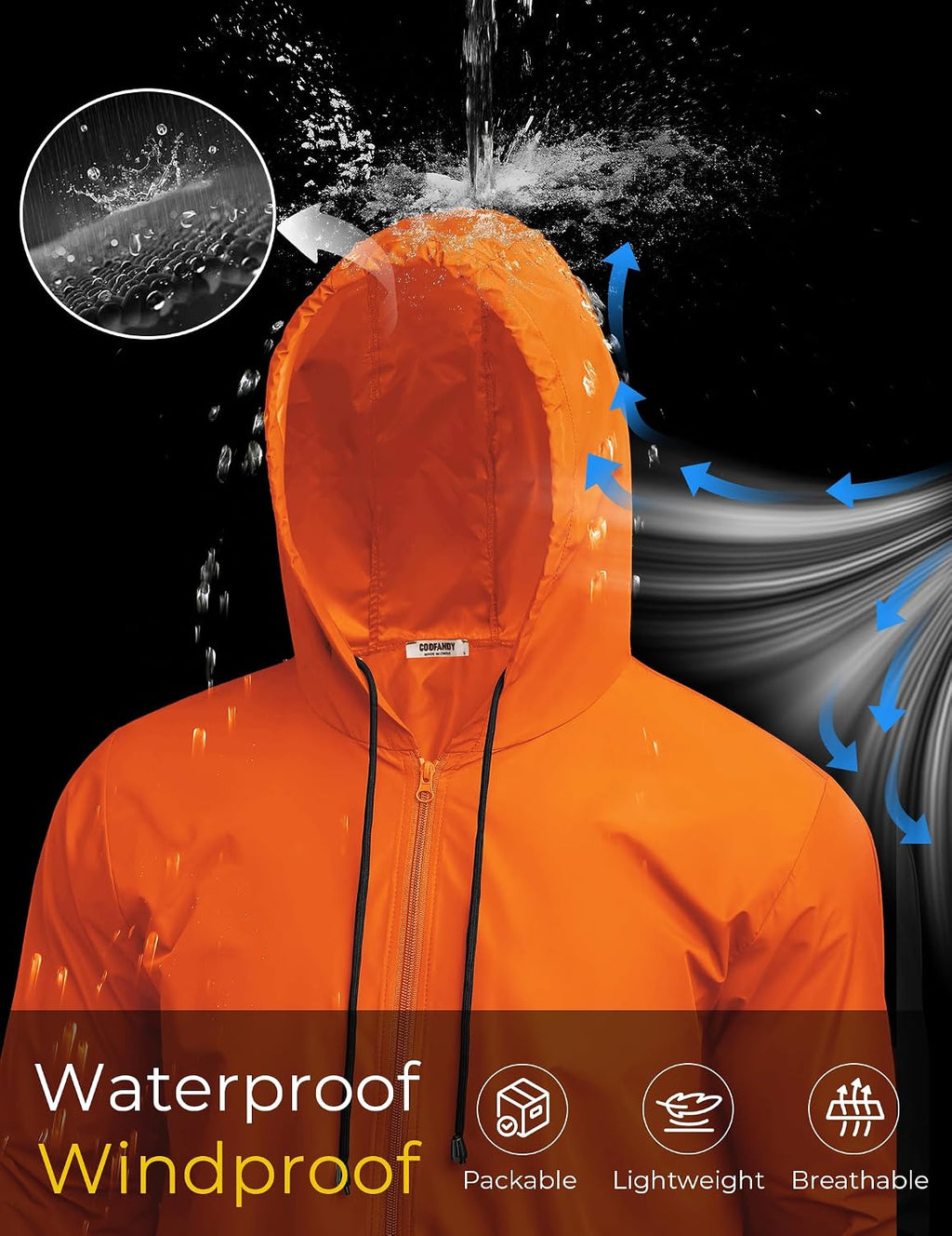 COOFANDY Mens Packable Rain Jacket Lightweight Waterproof Raincoat with Hood Outdoor Rain Gear Travel Hiking Cycling