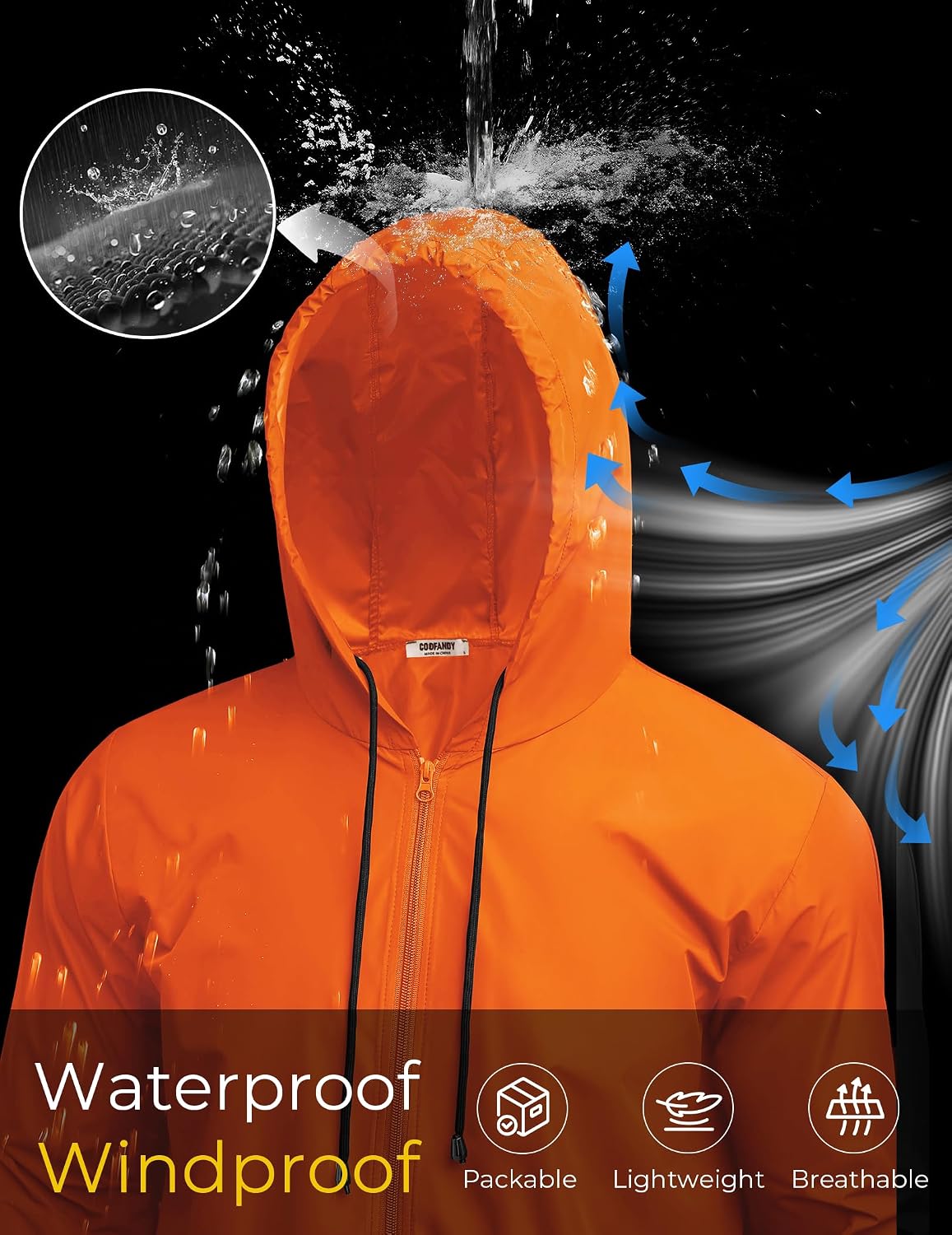 COOFANDY Mens Packable Rain Jacket Lightweight Waterproof Raincoat with Hood Outdoor Rain Gear Travel Hiking Cycling