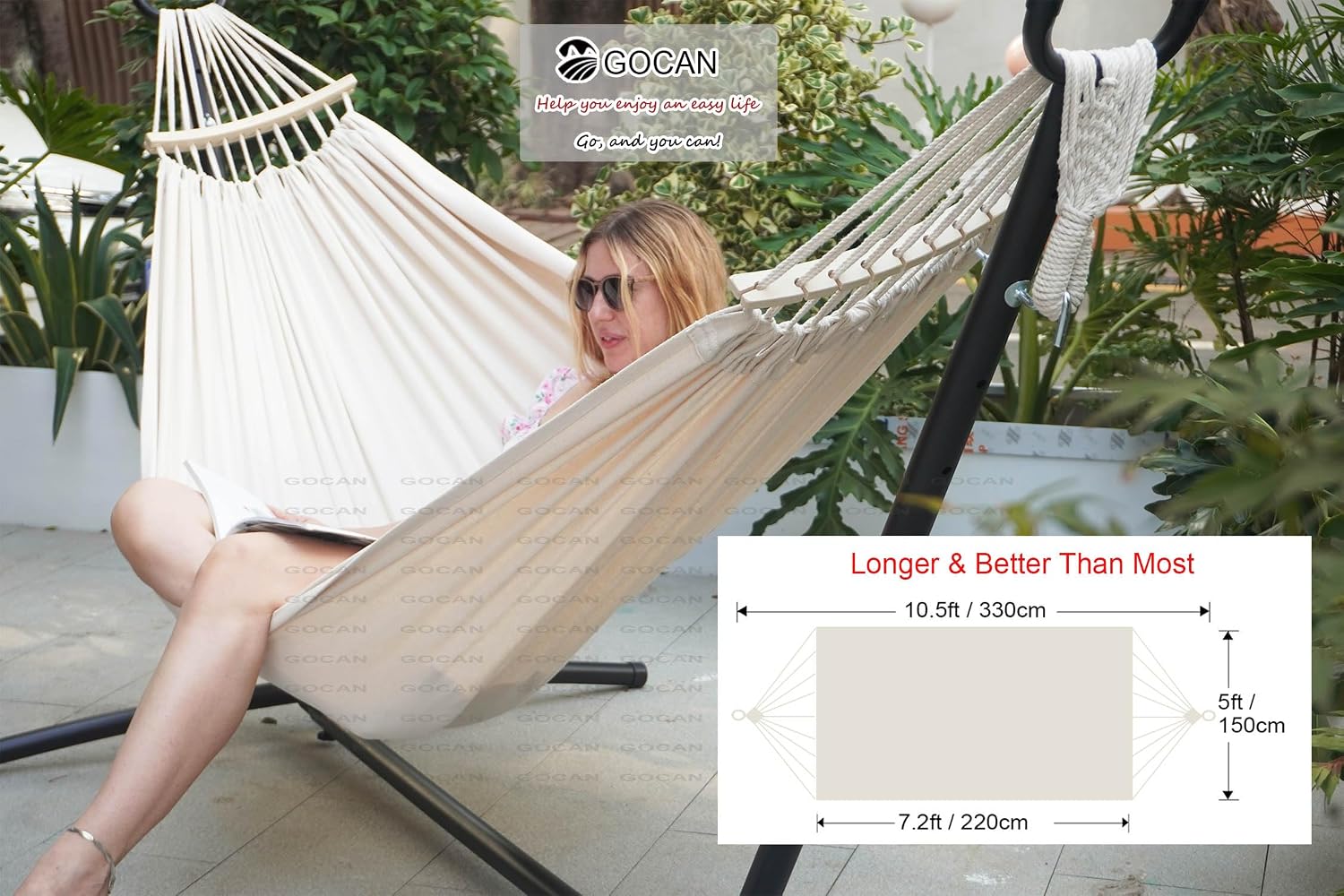 GOCAN Double Hammock 2 Person Large 220x150cm with Steel Stand and Removable Spreader bar Load 500lb, Canvas Cotton Hammocks for Patio Porch Garden Backyard Outdoor and Indoor
