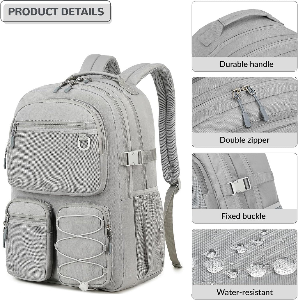 Lohol Water Resistant Daypack with Mulitiple Pockets for School Travel Outdoor College, 15.6 inch Laptop Backpack for Men and Women (Grey)