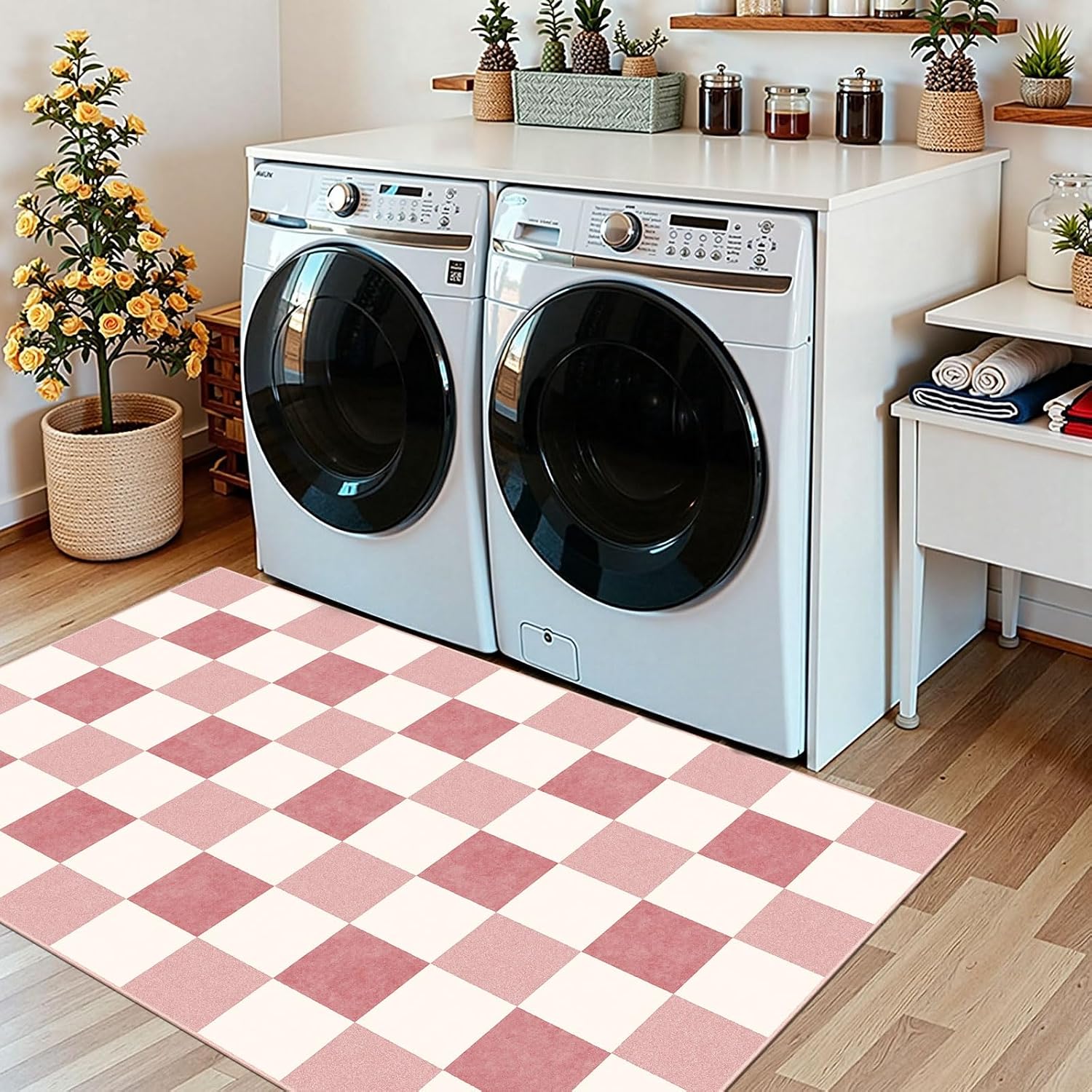 Pink White Checkered Entry Rug - 3x5 Non-Slip Indoor Outdoor Rugs