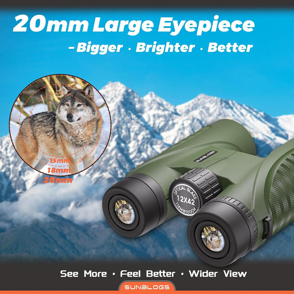 12x42 Binoculars for Adults High Powered, Super Bright BAK4 Prism Waterproof HD Binoculars with Low Light Vision for Bird Watching Hiking Hunting Outdoor Travel Road Trip Stargazing Cruise (Green)