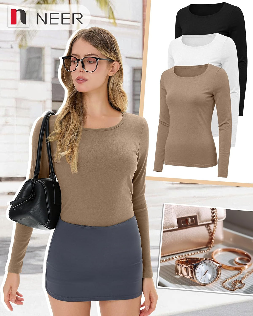 Neer 3 Pack Womens Thermal Shirts Crew Neck Fleece Lined Tops