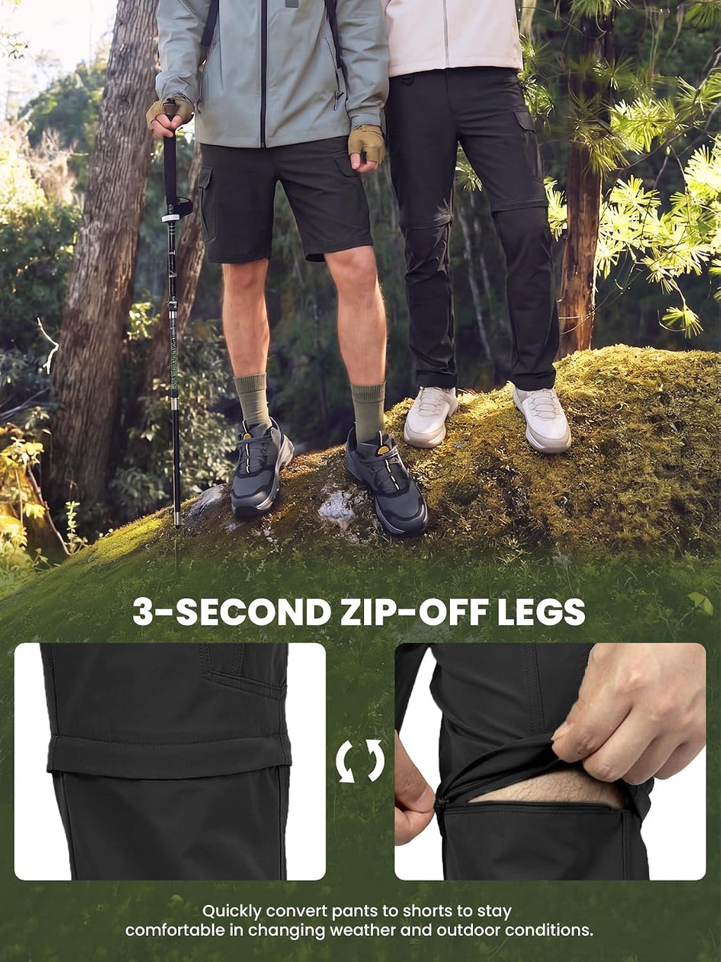 Men's Convertible Hiking Pants with 7 Pockets, Zip-Off Quick-Dry