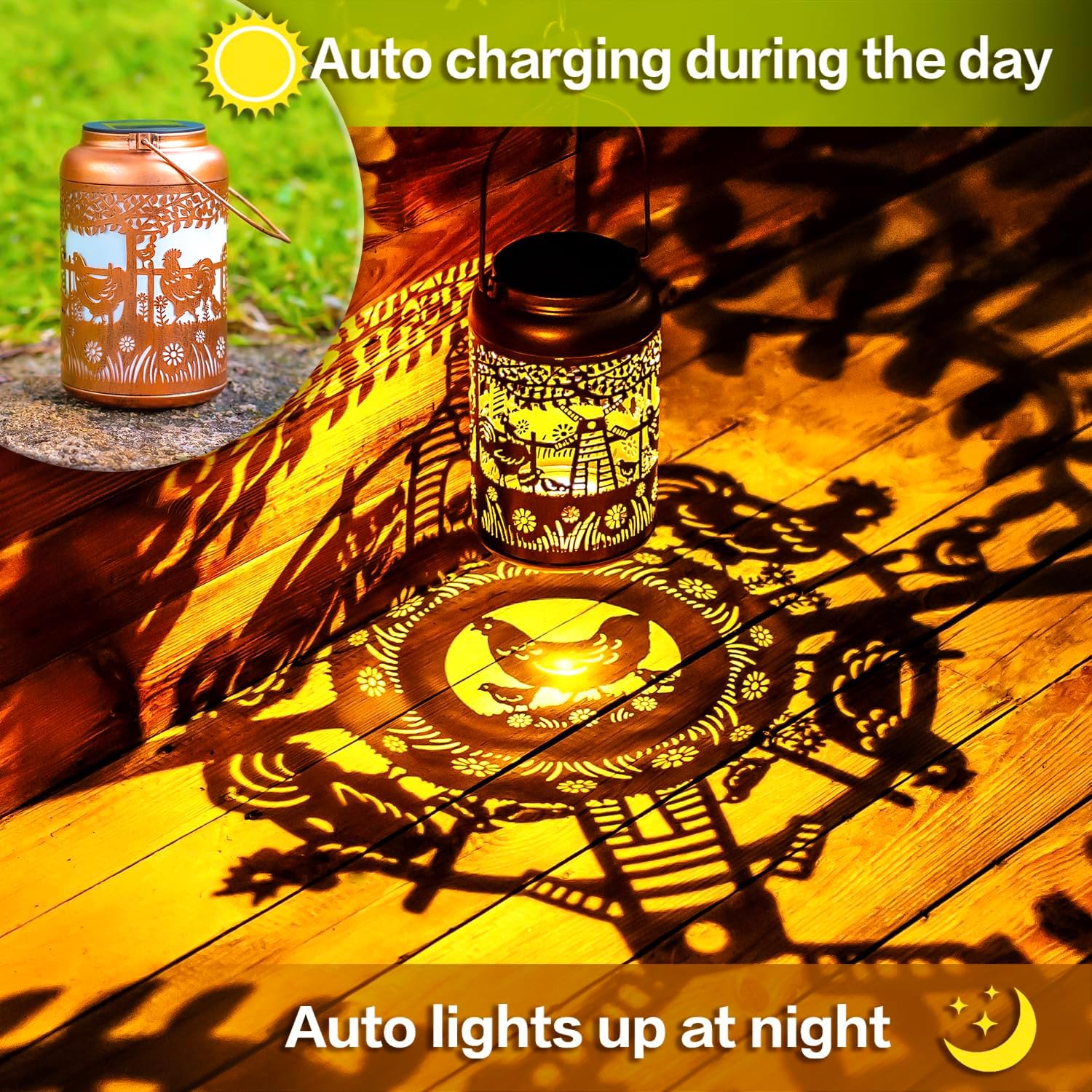 Chicken Solar Lanterns Outdoor Hanging Waterproof Solar Lights Chicken Gifts for Women Men Metal Rooster Decorative LED Lanterns for Outside, Patio, Landscape, Yard Decor, Garden Decorations