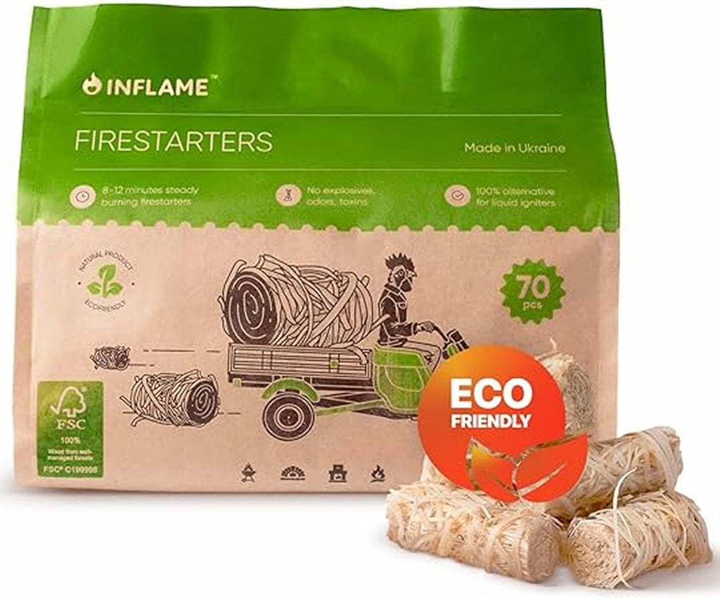 Inflame Fire Starters 70 pcs - Fire Starters for Campfires, Charcoal, BBQ
