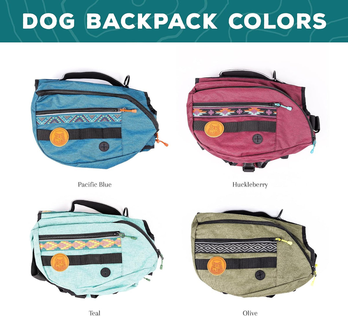Widlerdog Dog Backpack with Built in Harness and Back-Mounted D-Ring Leash Attachment, Handle, Two Saddlebags with 4 Total Pockets, Built in Poop Bag Dispenser (Pacific Blue, Medium)