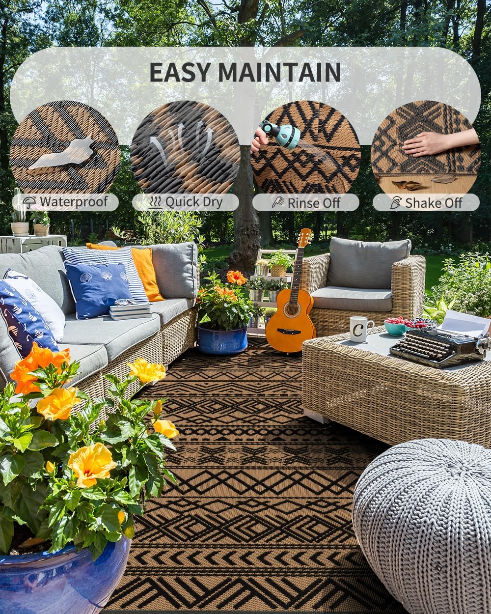 MontVoo Outdoor Rug Carpet Waterproof 6x9 Outdoor Patio Rug Mat Reverisble Plastic Straw Outdoor Rug for RV Camping Picnic Beach Balcony Boho Black Brown