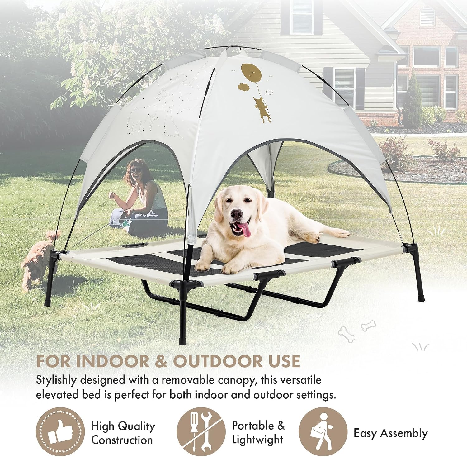 GRANDTIES Cooling Elevated Dog Bed with Canopy – XL Portable Pet Cot for Outdoor & Indoor Use – Waterproof Removable Shade, Breathable Mesh, Slip-Resistant Feet, Easy Assembly – Ivory White