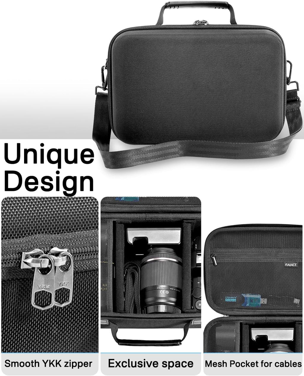 RAIACE Hard Case Compatible with Sony Alpha 7 II III IV/7R V Camera, for Nikon, for Canon, for Pentax and More.Large Capacity With Mesh Pocket for Lens, Charger, Cables, Cards and Accessories.-Black