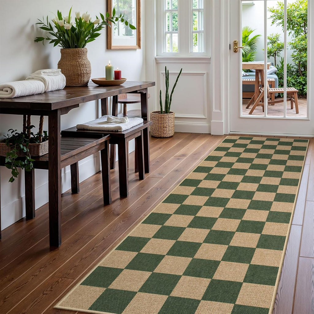 Lahome Checkered Easy Jute Kitchen Runner Rug, 2x8 Outdoor Rugs Washable