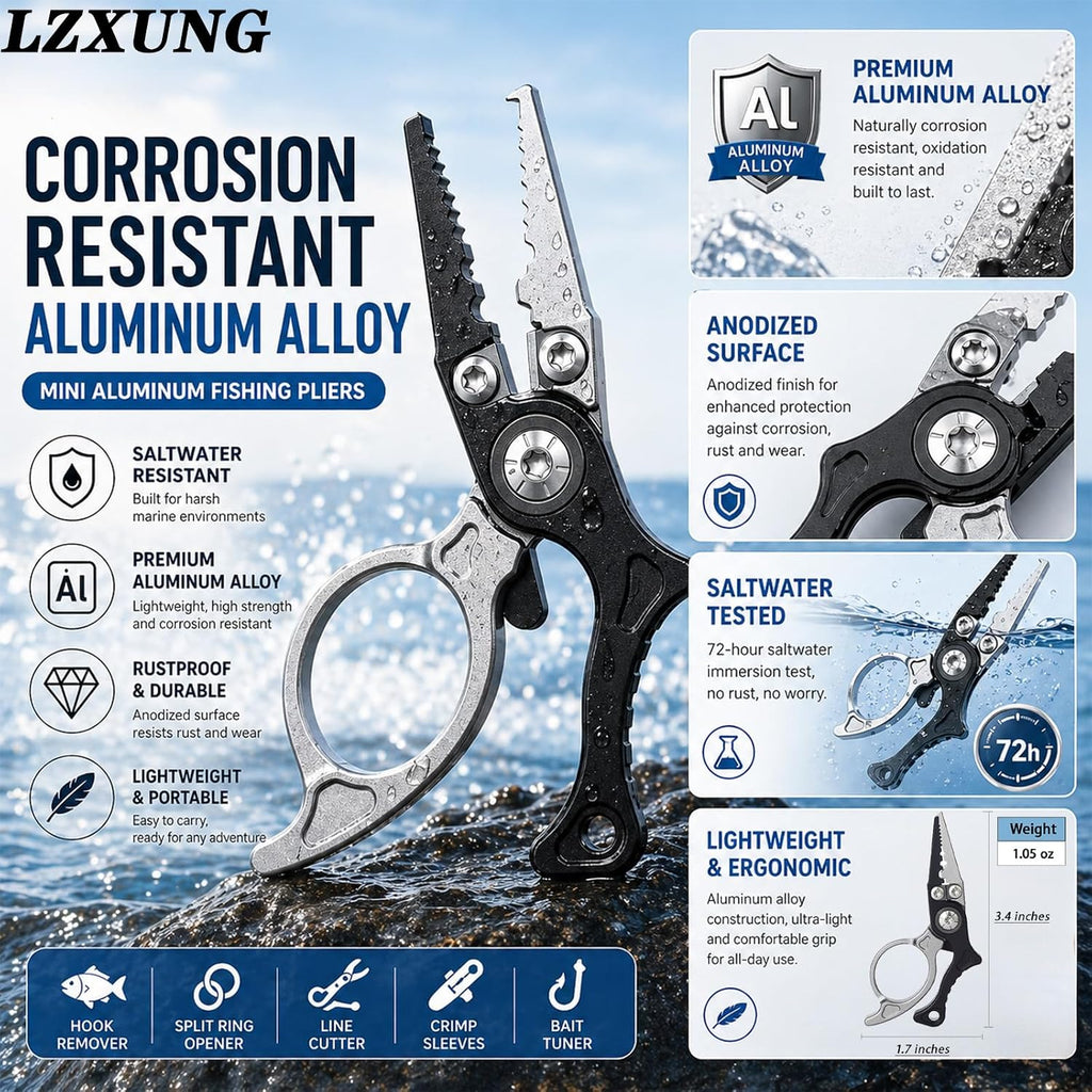 Mini Fishing Pliers with Zinger Retractor, Split Ring Pliers for Saltwater & Freshwater, Tungsten Carbide Braid Cutters & Hook Remover, Compact Multitool for Freshwater Fly Fishing,Bass Fishing