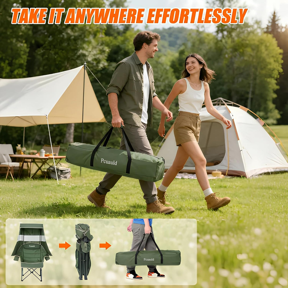 Camping Chair with Canopy Shade Heavy Duty Folding Chair with Umbrella Cup Holder Oversized Beach Chairs with Canopy for Adults Portable Padded Outdoor Lawn Chair for Sports Fishing, 500LBS, Green