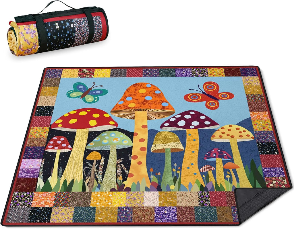 Mushroom Picnic Blankets Waterproof Foldable Picnic Outdoor Blanket 80"x 60" Picnic Mat 3-Layer Thicking Outdoor Foldable Blankets Sandproof Lightweight Beach Blankets with Strap Machine Washable