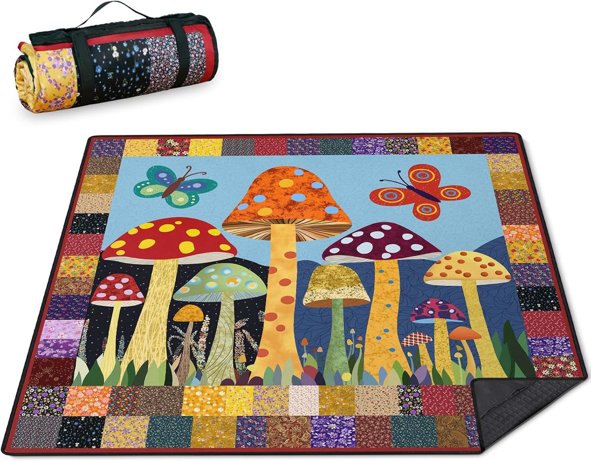 Mushroom Picnic Blankets Waterproof Foldable Picnic Outdoor Blanket 80"x 60" Picnic Mat 3-Layer Thicking Outdoor Foldable Blankets Sandproof Lightweight Beach Blankets with Strap Machine Washable