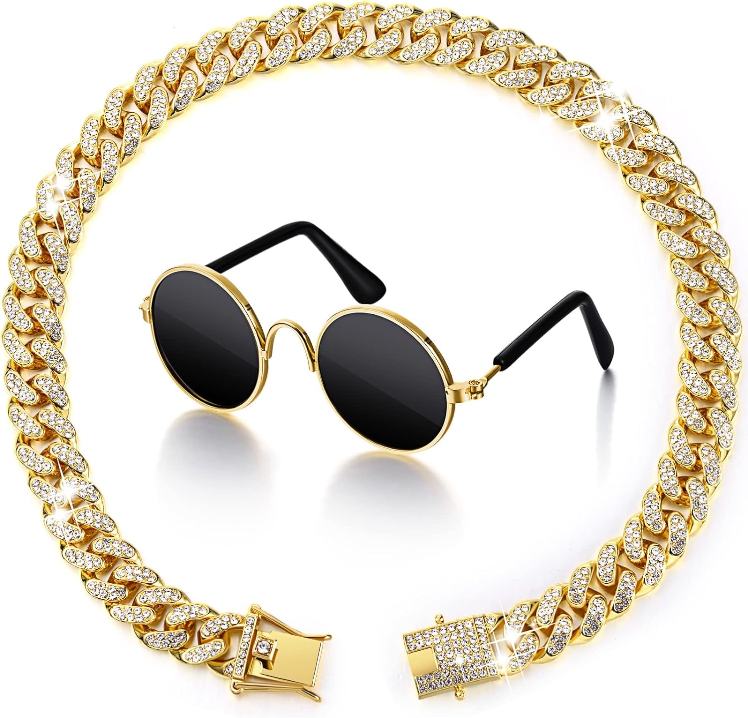 Xuniea 2 Pieces Cat Dog Chain Collar and Sunglasses Set Rhinestone Necklace with Secure Buckle Round Glasses for Doll Cat Dog Pet Accessories(10 Inch,Gold, Black)