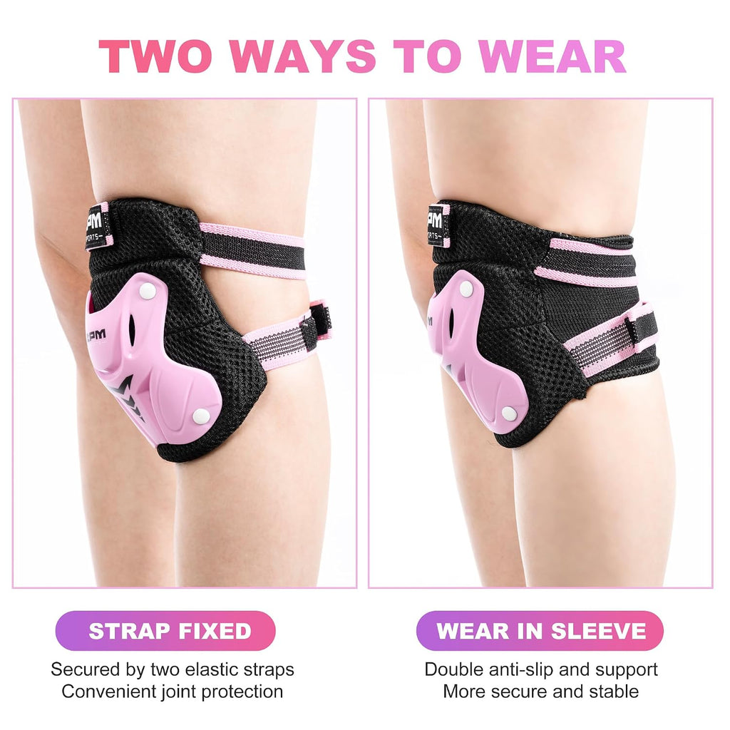 2PM SPORTS Knee Pads for Kids, Wrist Guards Knee and Elbow Pads Set with Drawstring Bag, Protective Gear Set for Girls Boys Roller Skating Cycling Skateboard - Pink Small