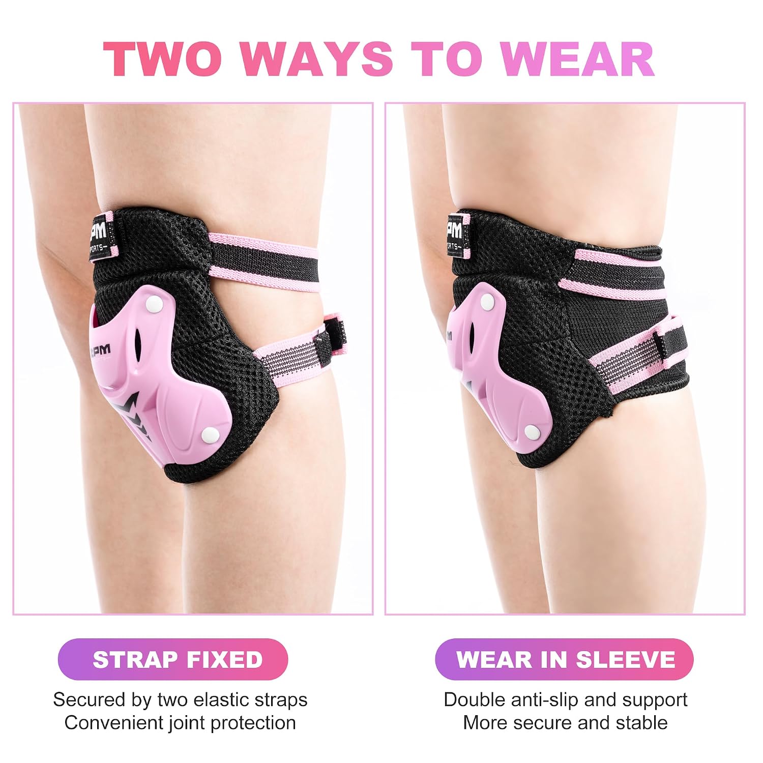 2PM SPORTS Knee Pads for Kids, Wrist Guards Knee and Elbow Pads Set with Drawstring Bag, Protective Gear Set for Girls Boys Roller Skating Cycling Skateboard - Pink Small