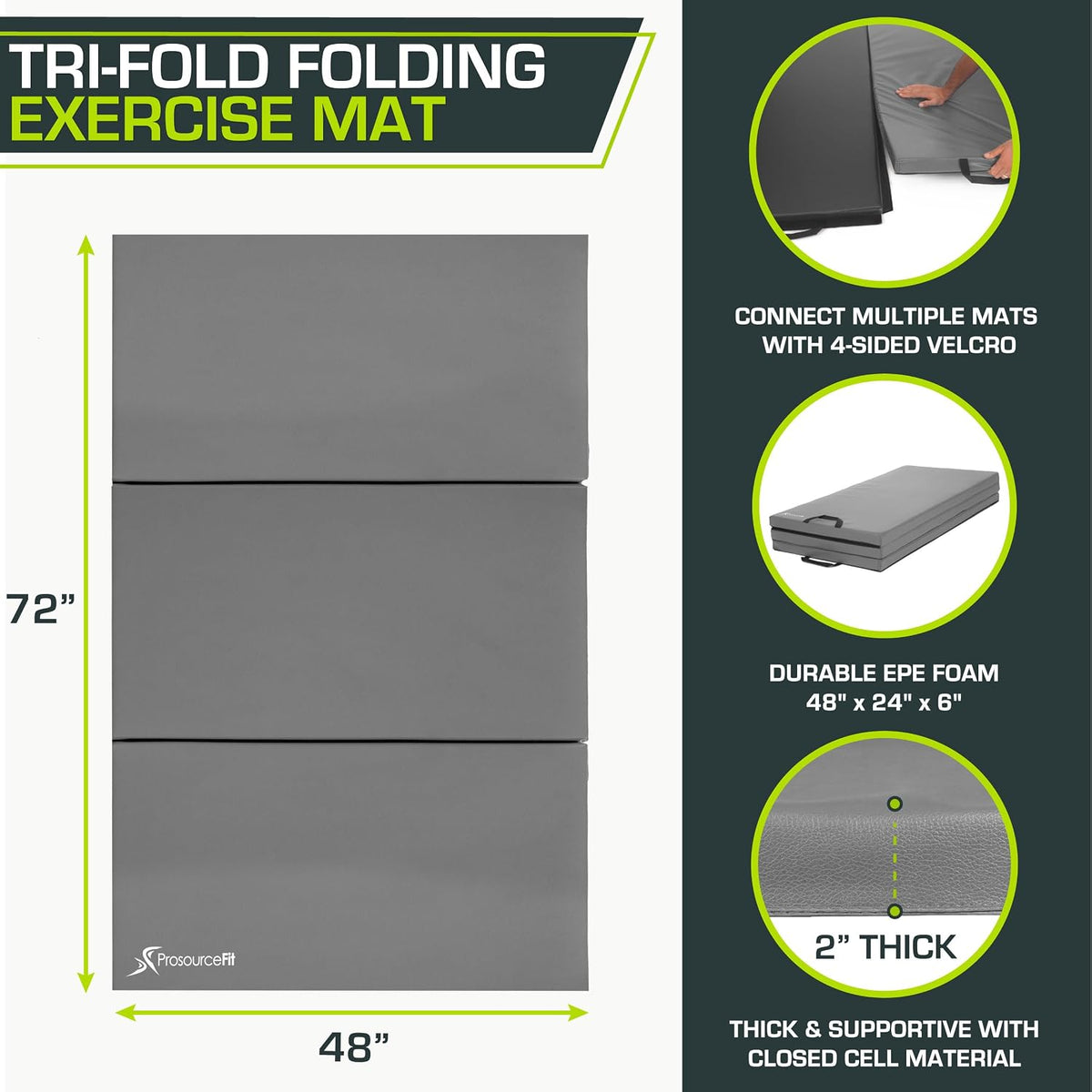 ProsourceFit Tri-Fold Folding Thick Exercise Mat with Carrying Handles for Tumbling, Martial Arts, Gymnastics, Stretching, Core Workouts