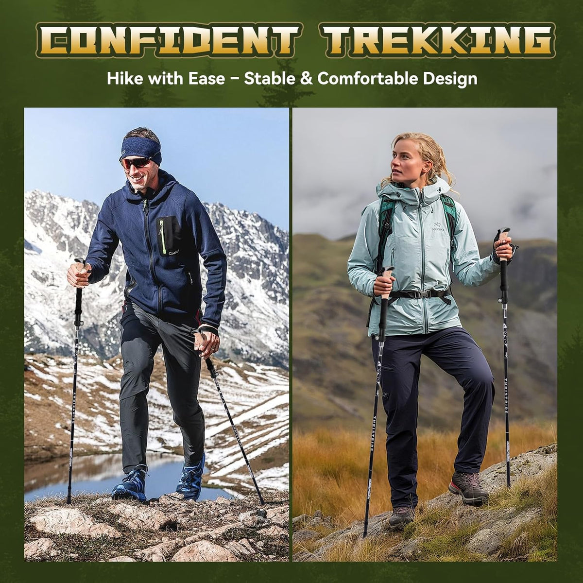 Trekking Poles Aviation Grade Aluminum Alloy-Strong Lightweight Collapsible Walking Sticks for Hiking Poles for Women, Men,Seniors in the 4 Season,All-Terrain,2pc Per Set