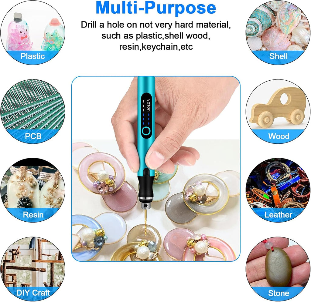 Uolor 3-Speed Cordless Mini Drill Pen, Rechargeable DIY Electric Hand Drill with 10 Small Drill Bits, Micro Drill Set for Jewelry Making Stone Plastic Resin Keychains
