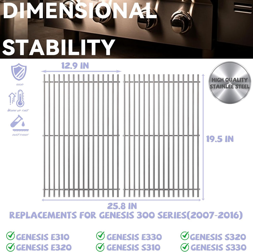 2 Pc 19.5" Stainless Steel Cooking Grates for Weber Genesis 300 Series,Genesis E310 E320 E330 S310 S320 S330 EP310 EP320 EP330 Gas Grill, Cooking Grids Grates Replacement for Weber 7528/7524