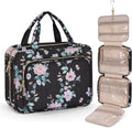 Wedama Toiletry Bag for Women, Large Cosmetic Travel Bag, Hanging Toiletry Bag for Bathroom, PVC Waterproof Makeup Bag, Toiletries Bag for Travel Business Trips and Camping, Black+Pink Floral