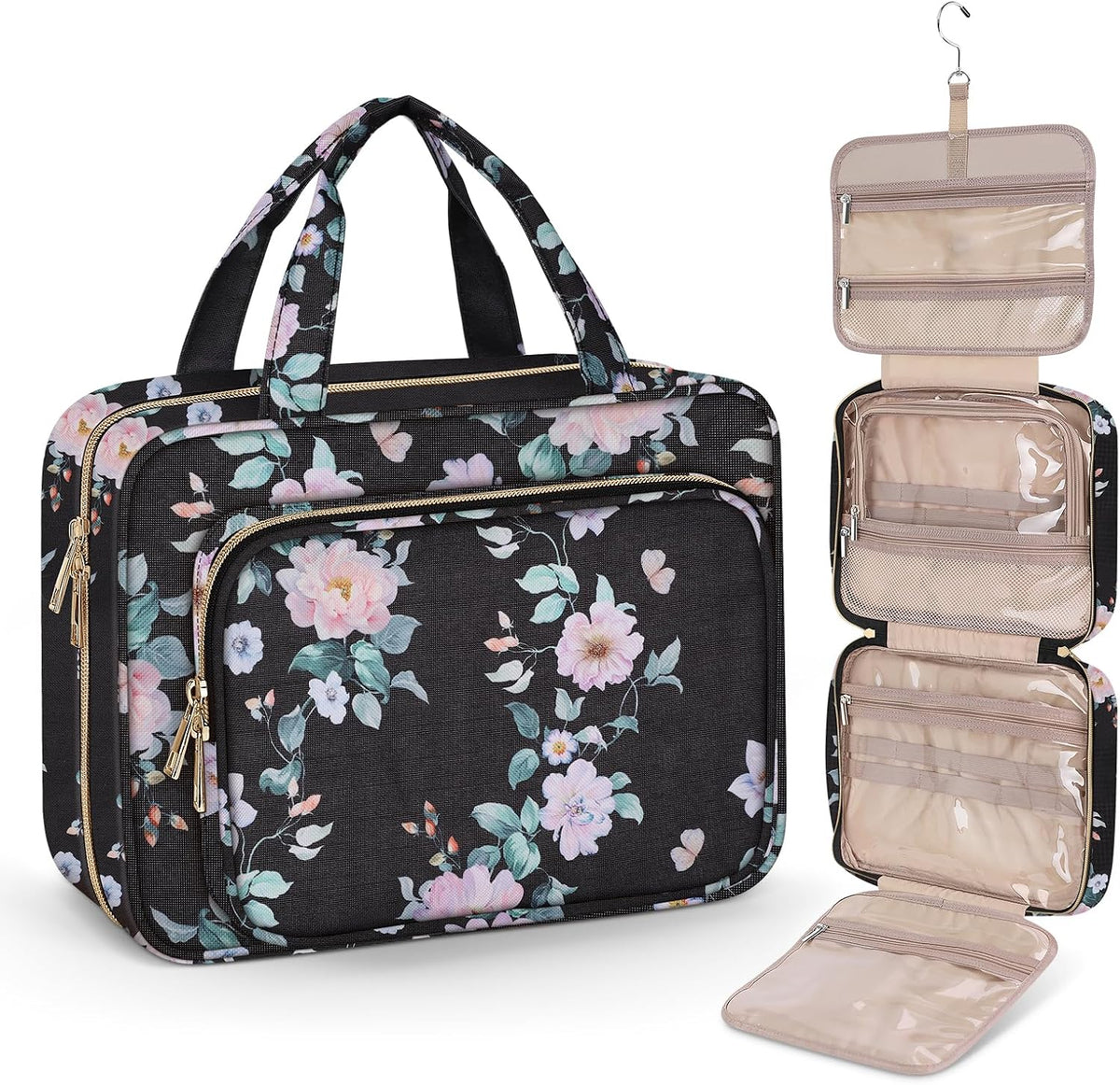 Wedama Toiletry Bag for Women, Large Cosmetic Travel Bag, Hanging Toiletry Bag for Bathroom, PVC Waterproof Makeup Bag, Toiletries Bag for Travel Business Trips and Camping, Black+Pink Floral
