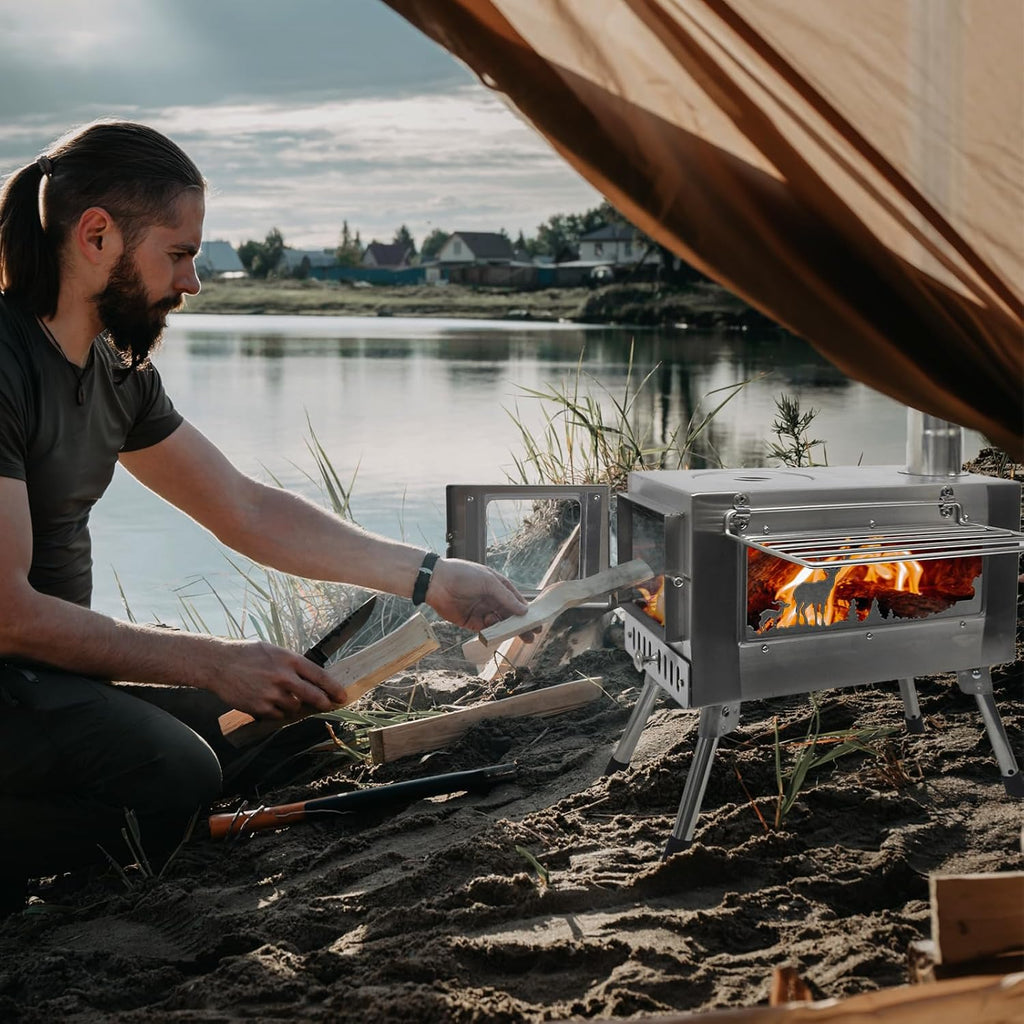 GreyHoo Camping Wood Stove with Chimney for Cooking & Heating