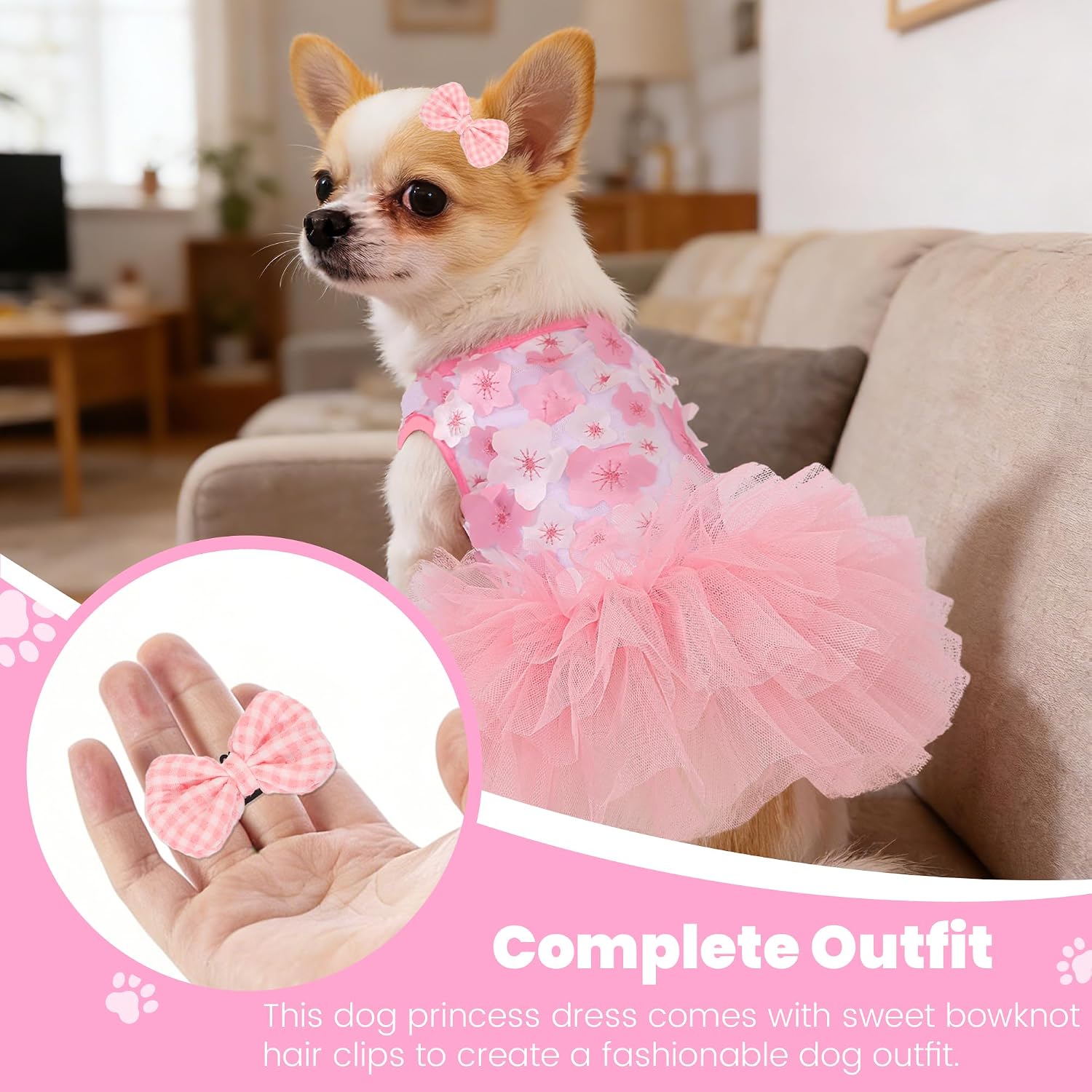 Dog Dresses for Small Dogs Girl, Fashion Small Dog Clothes for Girls, Teacup Chihuahua Toy Poodle Puppy Clothes and Bows, Summer Lightweight Sweet Princess Tutu with Dog Bowknot Clips, Pink