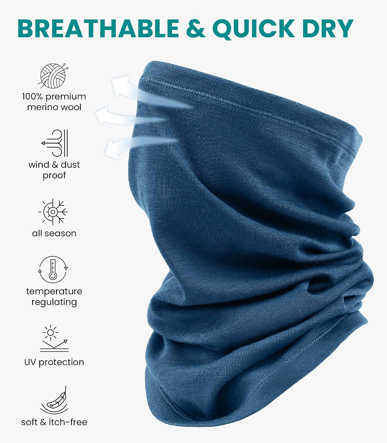 100% Merino Wool Neck Gaiter, 17.5um Face Mask, Unisex Neck Warmer 1-2 Pack
