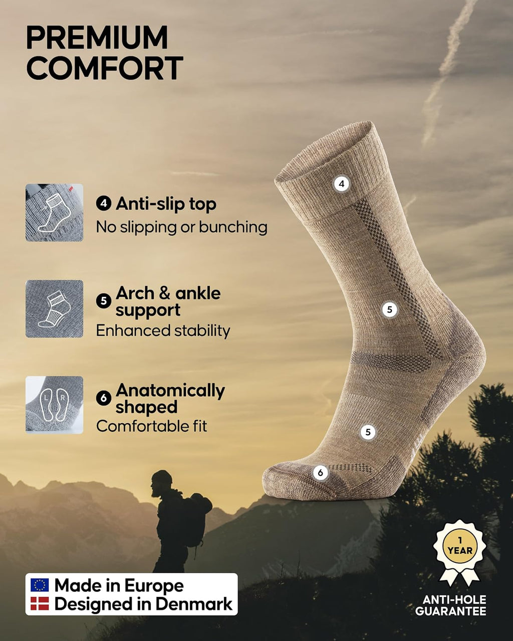 DANISH ENDURANCE Hiking Socks, Merino Wool, Anti-Blister, 3 & 5-Pack