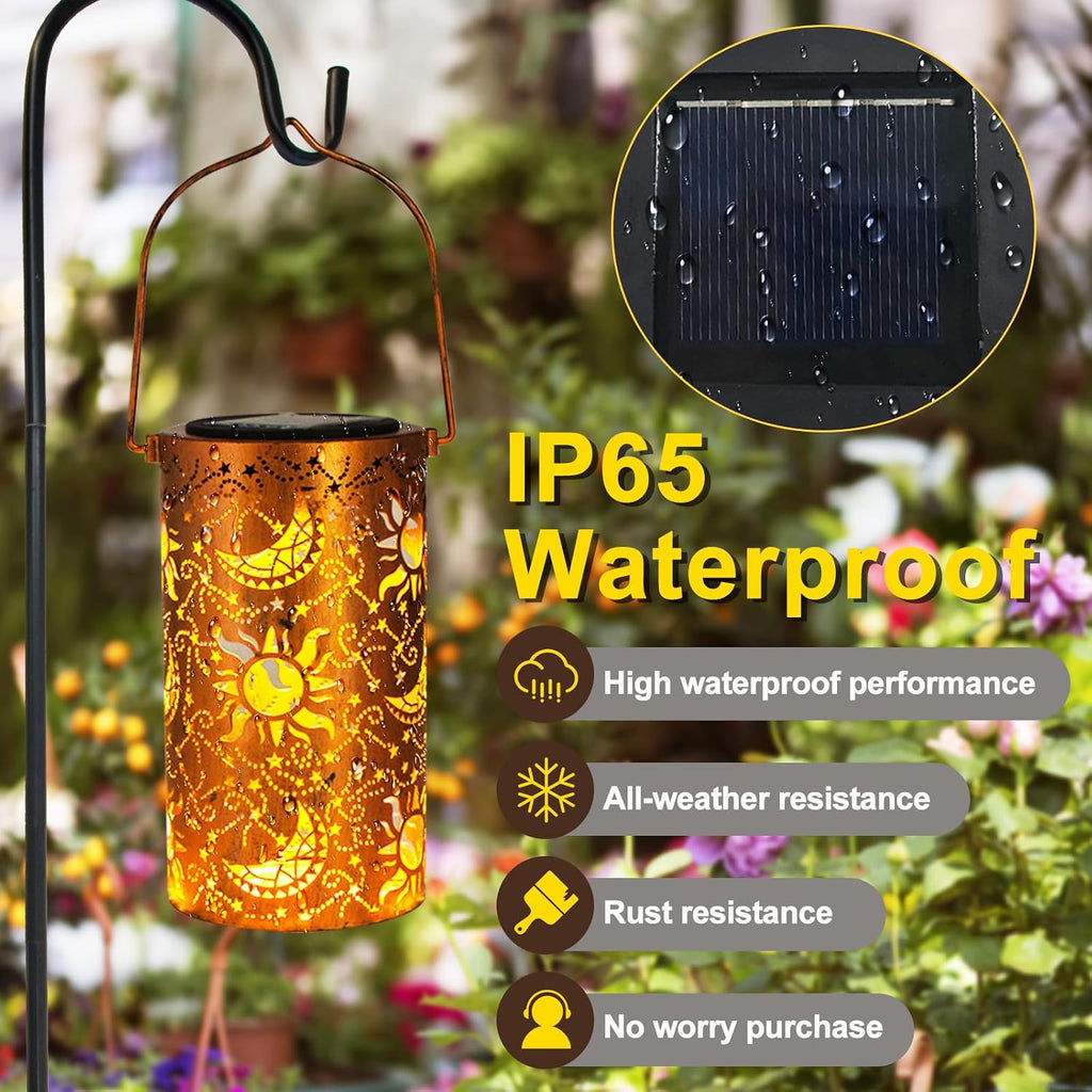 DIBIEECN Birthday Gifts for Women Mom Grandma Wife, Solar Lanterns Outdoor Waterproof, Metal Hanging Lights Garden Decor, LED Decorative Lantern for Patio Porch Backyard, Sun and Moon, 1 Pack
