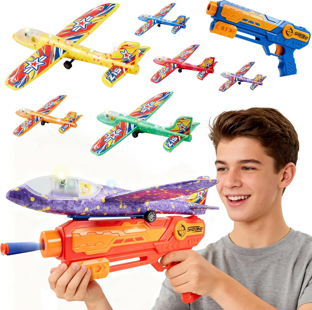 JOYIN LED Foam Glider Airplane Launcher Set, Included Light-Up Flying Planes and Handheld Launcher, Long Distance Outdoor Flying Game for Teens & Adults