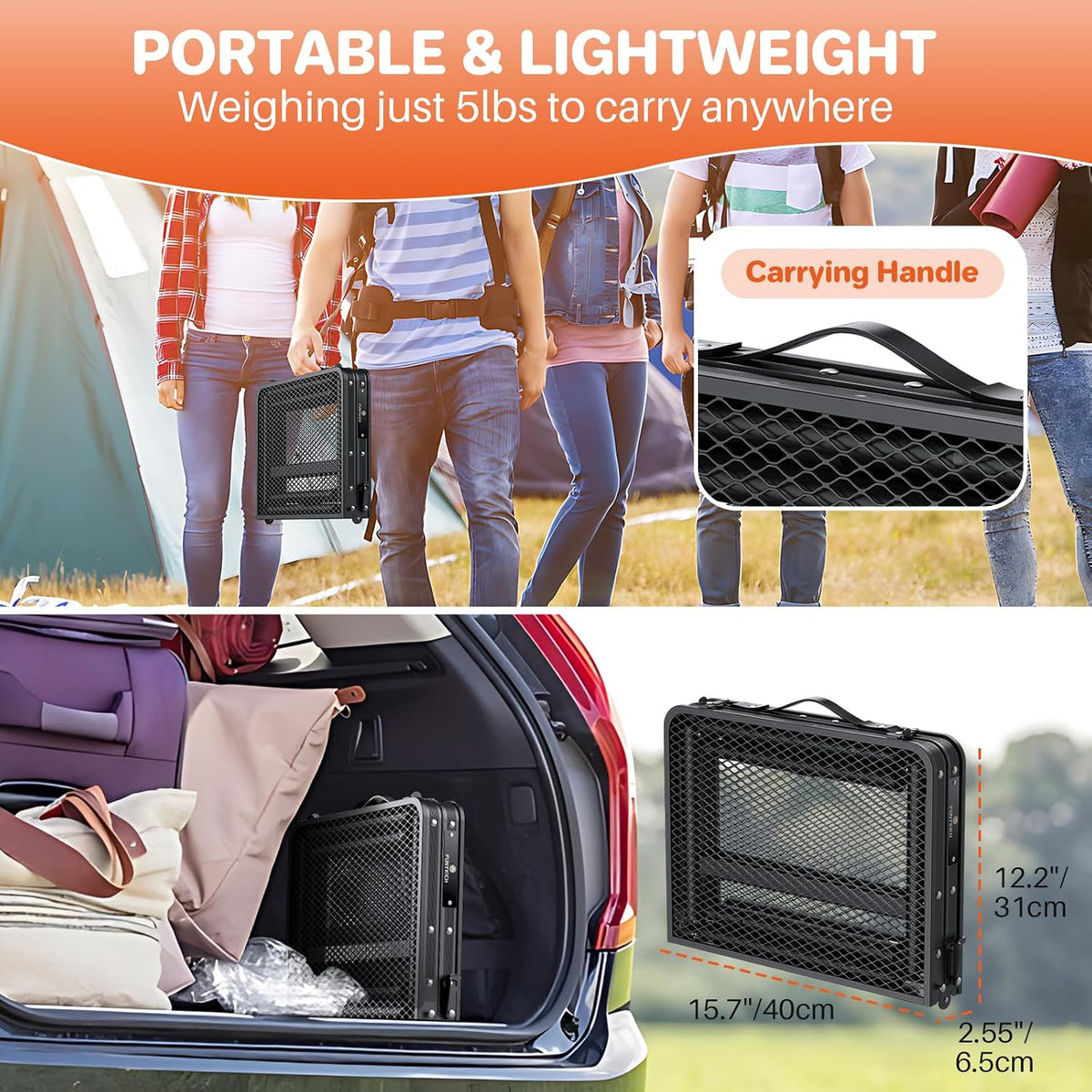 2ft Folding Grill Table 23''x16'', 3 Adjustable Heights Max 27.5'', Black
