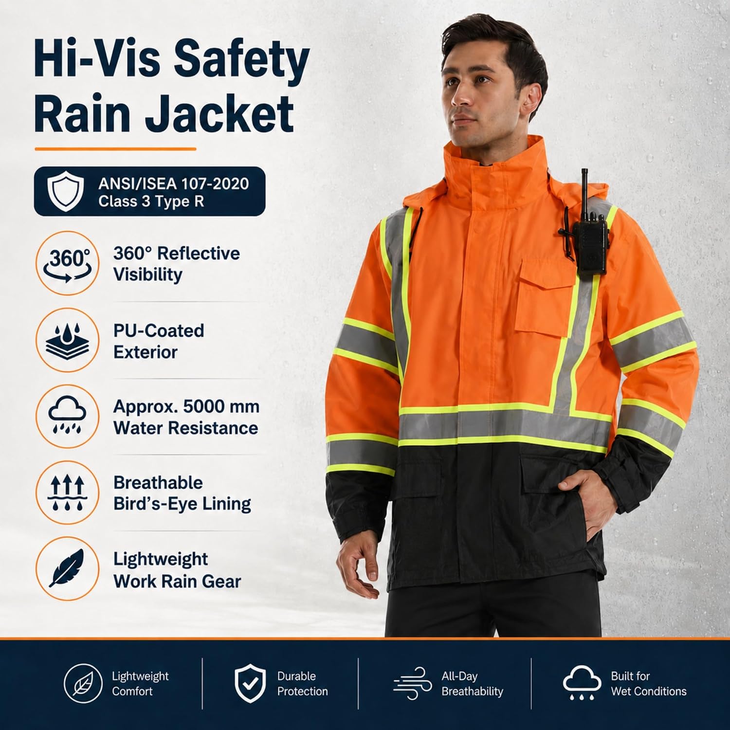 SKSAFETY Hi Vis Safety Rain Jacket for Men, Construction Work Rain Gear Heavy Duty Class 3 Rain Coat Waterproof Lightweight