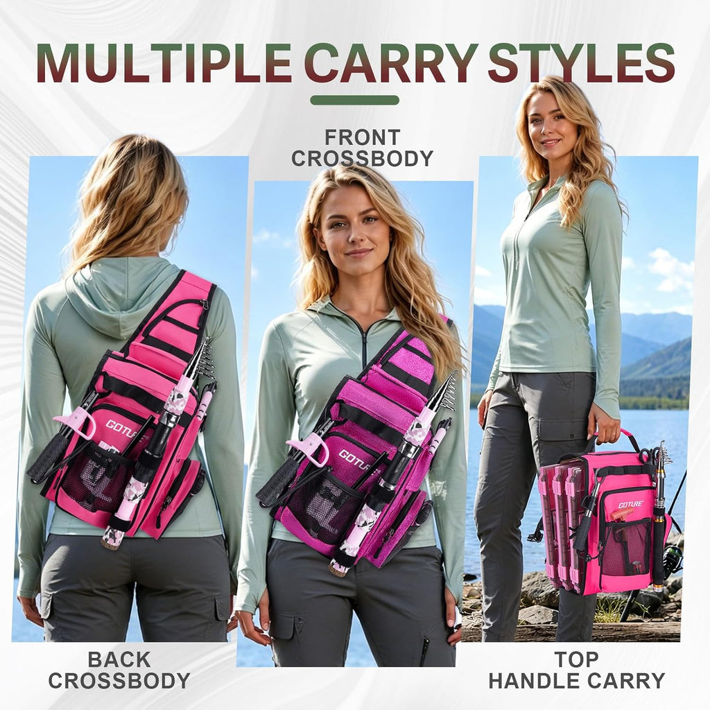 Goture OpenSide Tactical Sling Tackle Bag with 3 Tackle Trays, Lightweight Fishing Backpack Storge Fishing Gear -Shimmering Pink Bag Outdoor,Gift for women