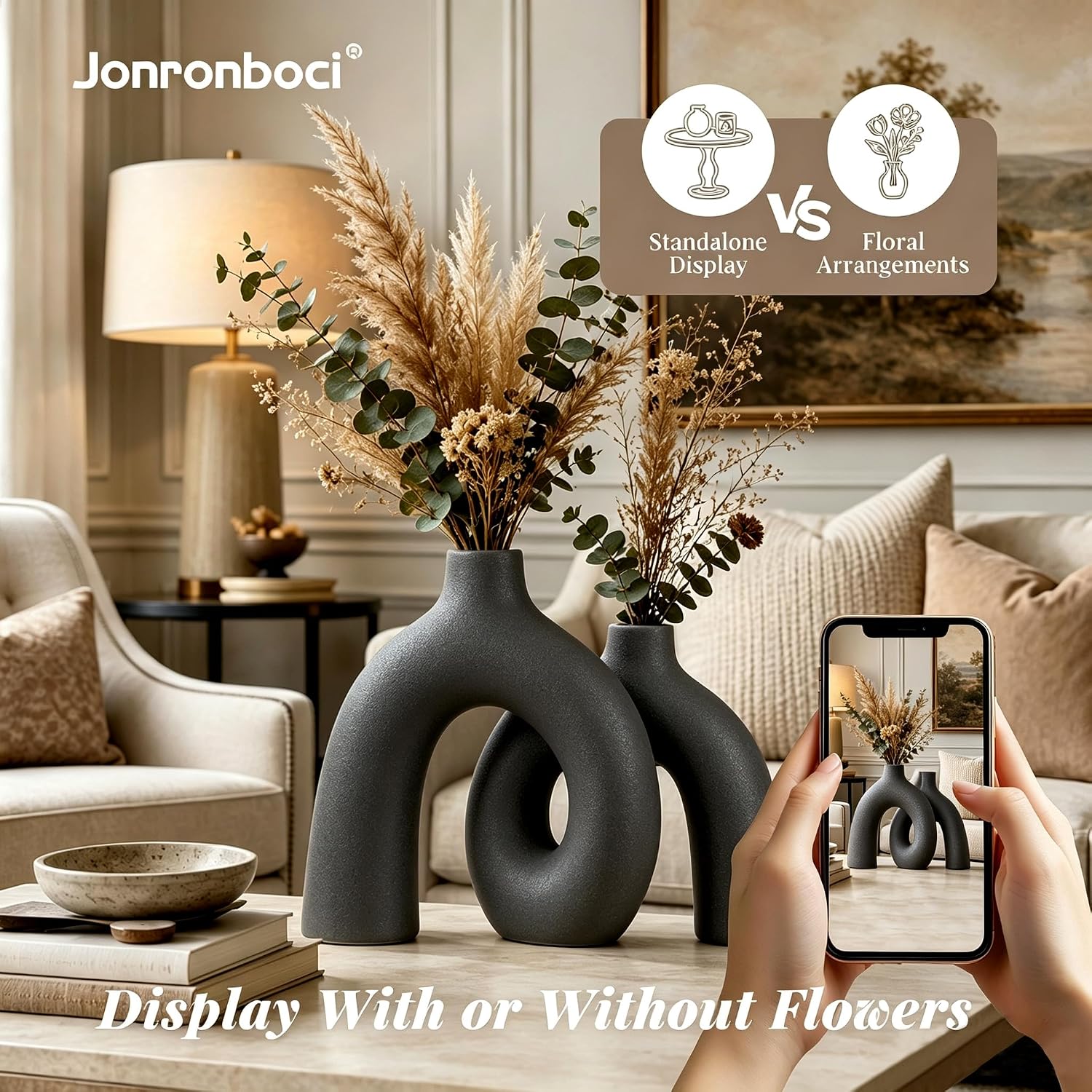 Hug Donut Decorative Vase Set - Dark Gray Modern Minimalism Industrial Style Vases Home Decor, Matte Ceramic Decorations for Living Room Shelf, Bookshelf Mantle Entryway Table or Console Décor(Gray)