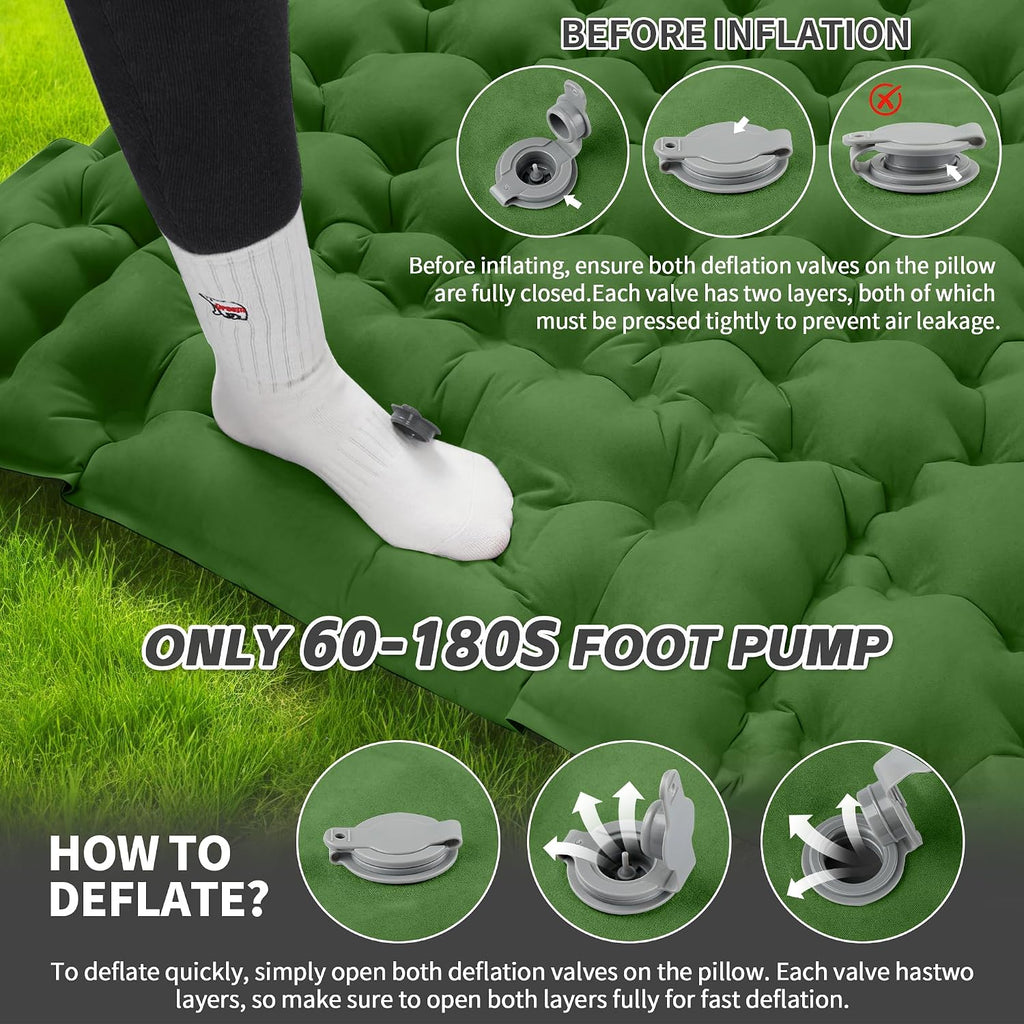 HiiPeak Double Sleeping Pad for Camping - Suede Top Camping Mattress with Pillow, Built-in Foot Pump, Compact Inflatable 2-Person Portable Mat for Backpacking, Hiking, Car Traveling, Beach, Tent
