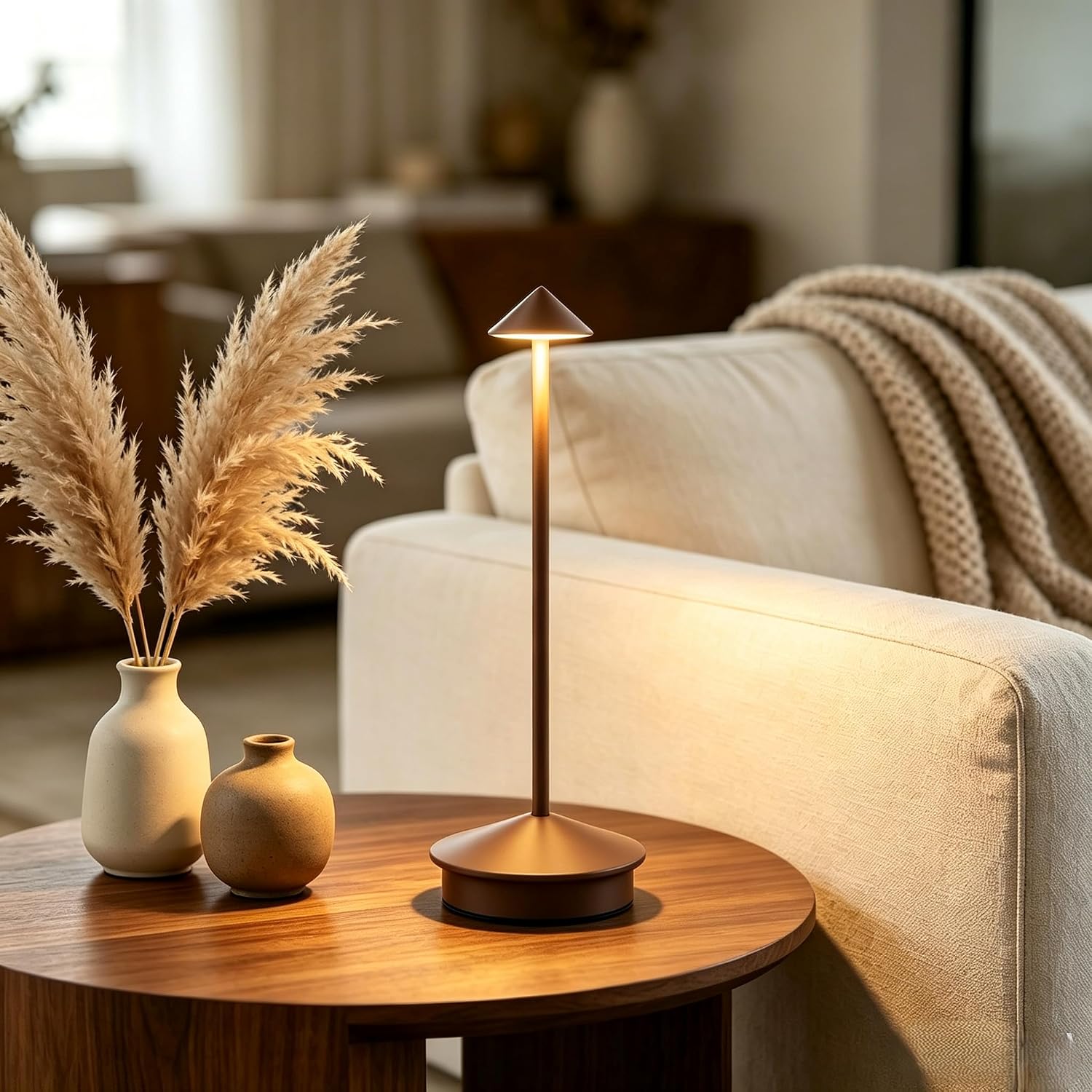 EJQ 2 Pack LED Cordless Table Lamp, Portable 6000mAh Rechargeable Aluminum, Touch Control Outdoor Table Lamp, 3 Color Dimmable Cordless Table Lamps for Restaurant, Patio, Bedroom, Outdoor - Brown