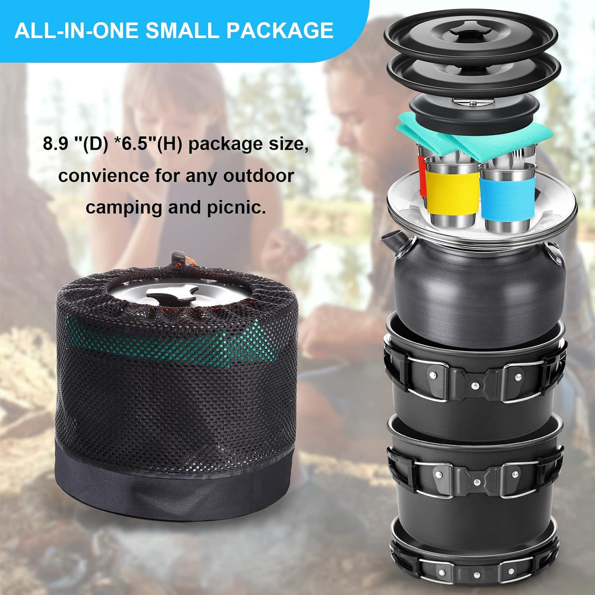 Gejoy 42 Pcs Camping Cookware Mess Kit Pots and Pans Set for 4 People