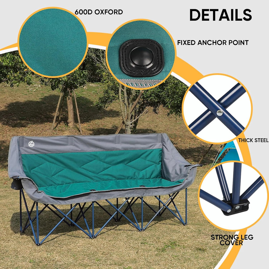 Northroad 3 Person Camping Chair Oversized 900 Lbs Outdoor Lawn Loveseat Chair Padded Folding Chairs for Adults Heavy Duty Soccer Chair w/Cup & Wine Glass Holder for Outside Picnic, Beach, Sports