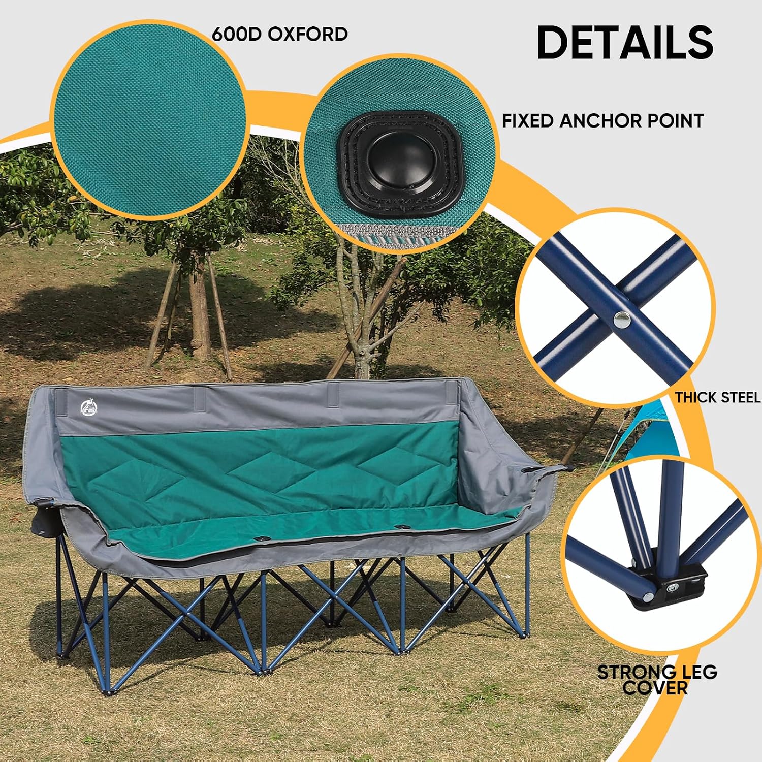 Northroad 3 Person Camping Chair Oversized 900 Lbs Outdoor Lawn Loveseat Chair Padded Folding Chairs for Adults Heavy Duty Soccer Chair w/Cup & Wine Glass Holder for Outside Picnic, Beach, Sports