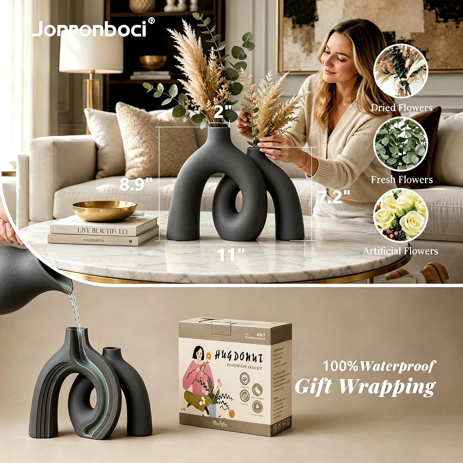 Hug Donut Decorative Vase Set - Dark Gray Modern Minimalism Industrial Style Vases Home Decor, Matte Ceramic Decorations for Living Room Shelf, Bookshelf Mantle Entryway Table or Console Décor(Gray)
