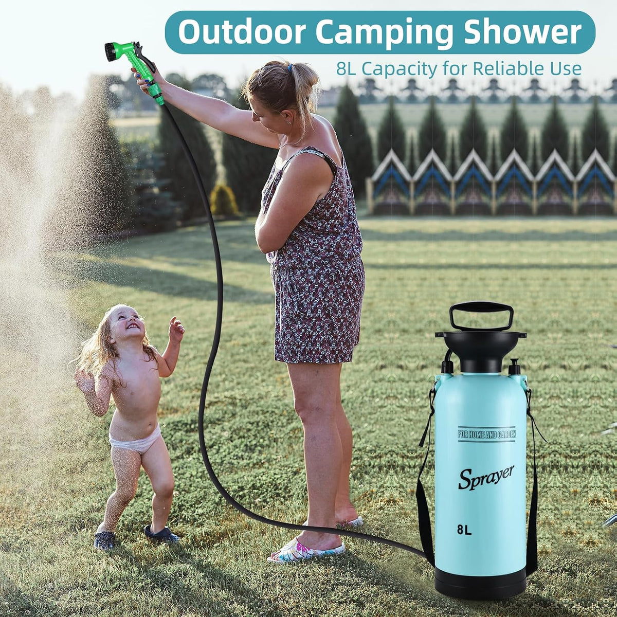 Portable Shower for Camping with 7 Spray Modes, Hand Press Camping Shower with Removable Hose and Shower Head,Pressure Rinse Kits for Hiking Traveling Garden Beach Pet Shower