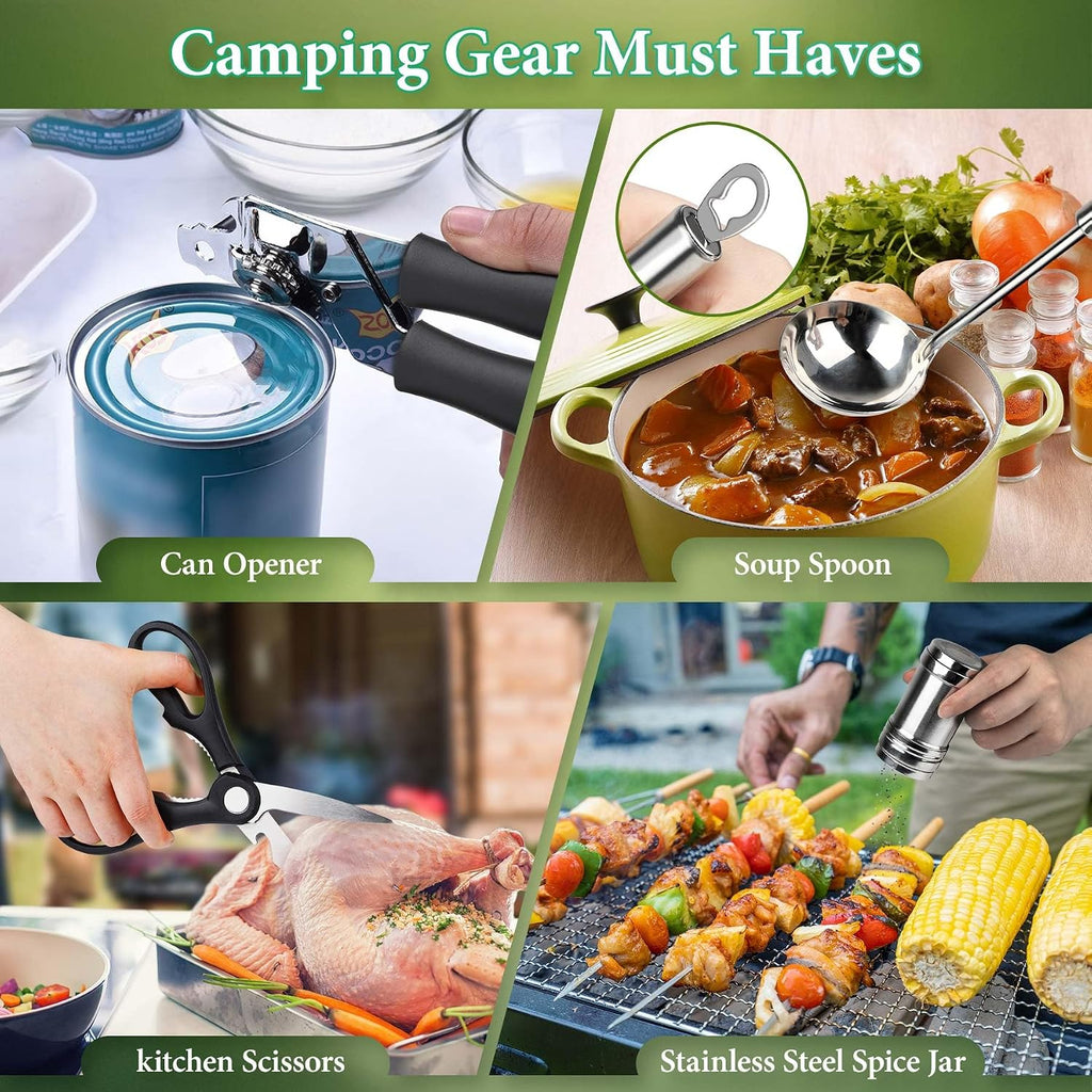 Camping Cooking Utensils Set, Stainless Steel Grill Tools, Camping BBQ Cookware Gear and Equipment for Travel Tenting RV Van Picnic Portable Kitchen Essentials Accessories